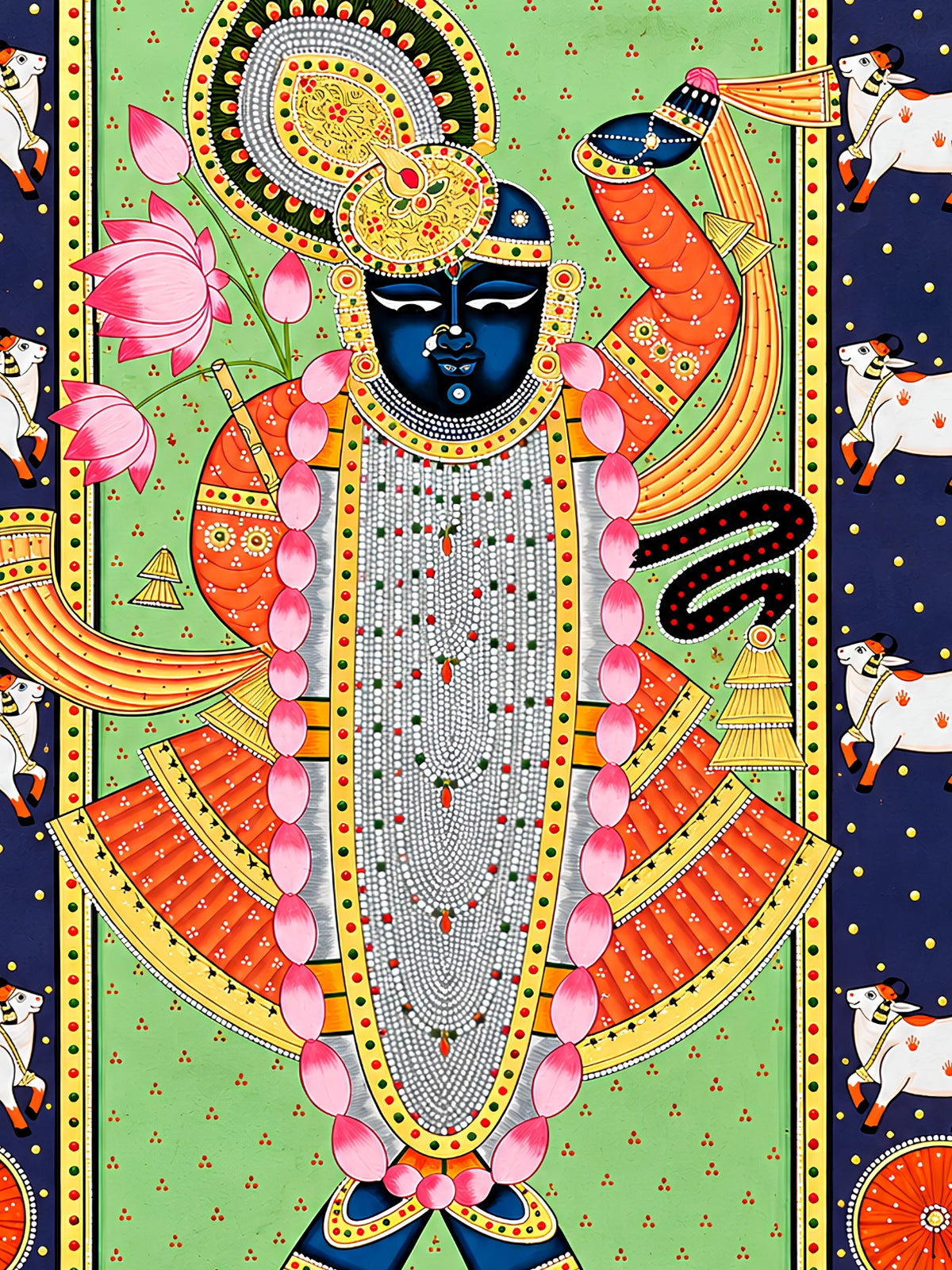Handpainted – Pichwai – Shrinathji Beneath a Starlit Border