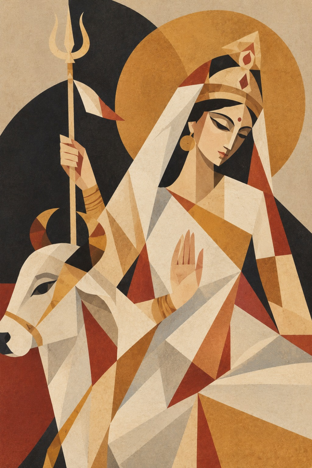 Cubist Navadurga painting of Goddess Mahagauri in white with her bull, trident and gesture of blessing in ivory, rust and black