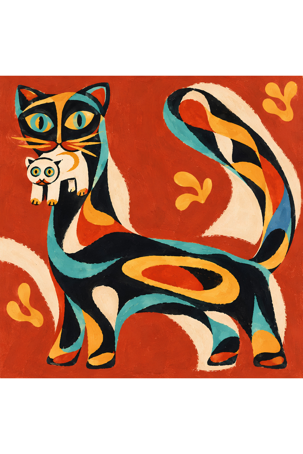 Handpainted Matisse and Jamini Roy-inspired painting of a large patterned cat carrying a small white kitten by the neck on a rust-orange ground