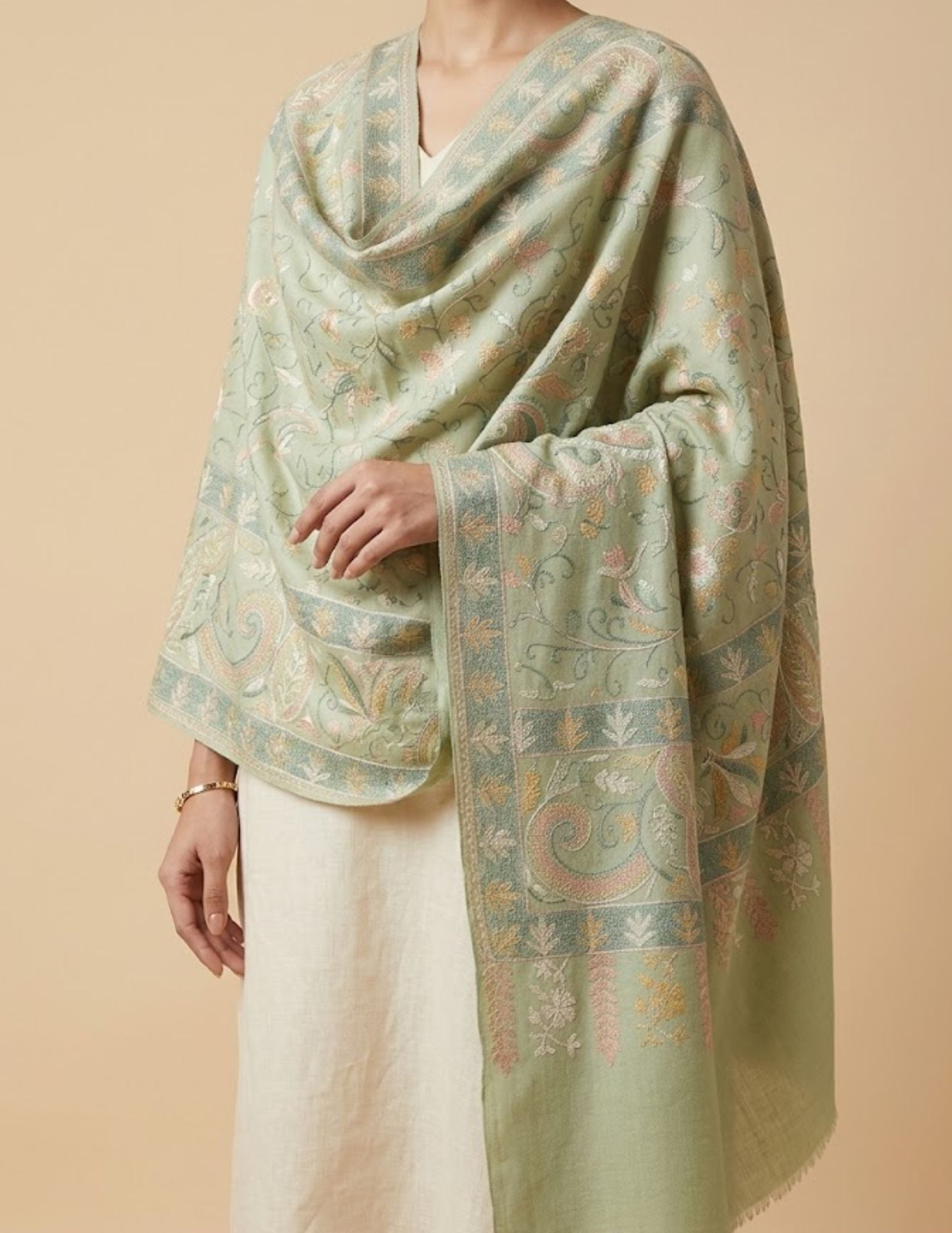 Sage green wool silk Sozni Kashmiri stole with multicolour botanical and floral embroidery.