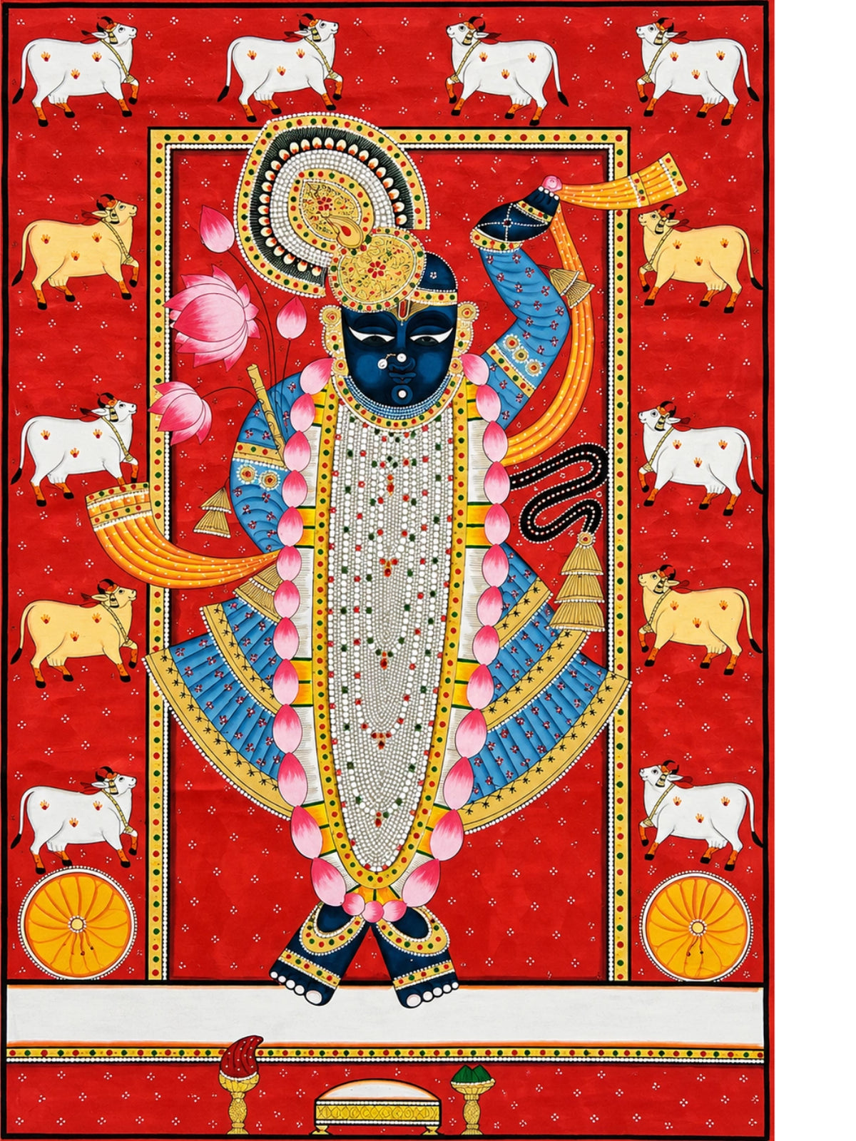 Handpainted – Pichwai – Shrinathji in Indigo on Crimson