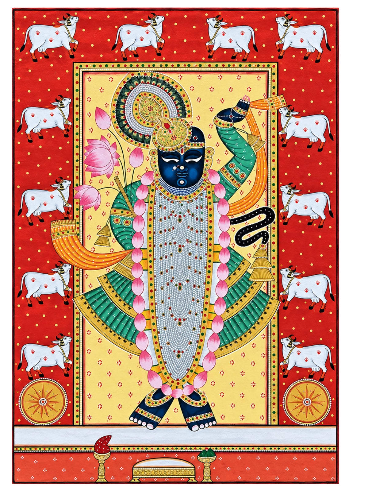 Handpainted – Pichwai – Shrinathji in Cream and Vermilion