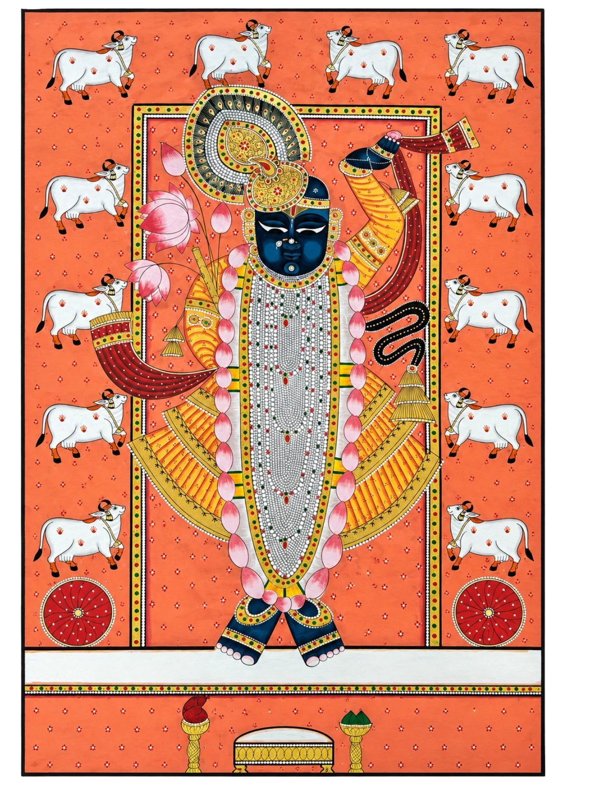 Handpainted – Pichwai – Shrinathji in Coral and Maroon