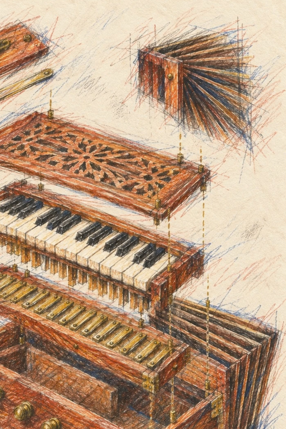 Dark-framed harmonium print on a pale wall above a tan bench with a single flower in a glass vase