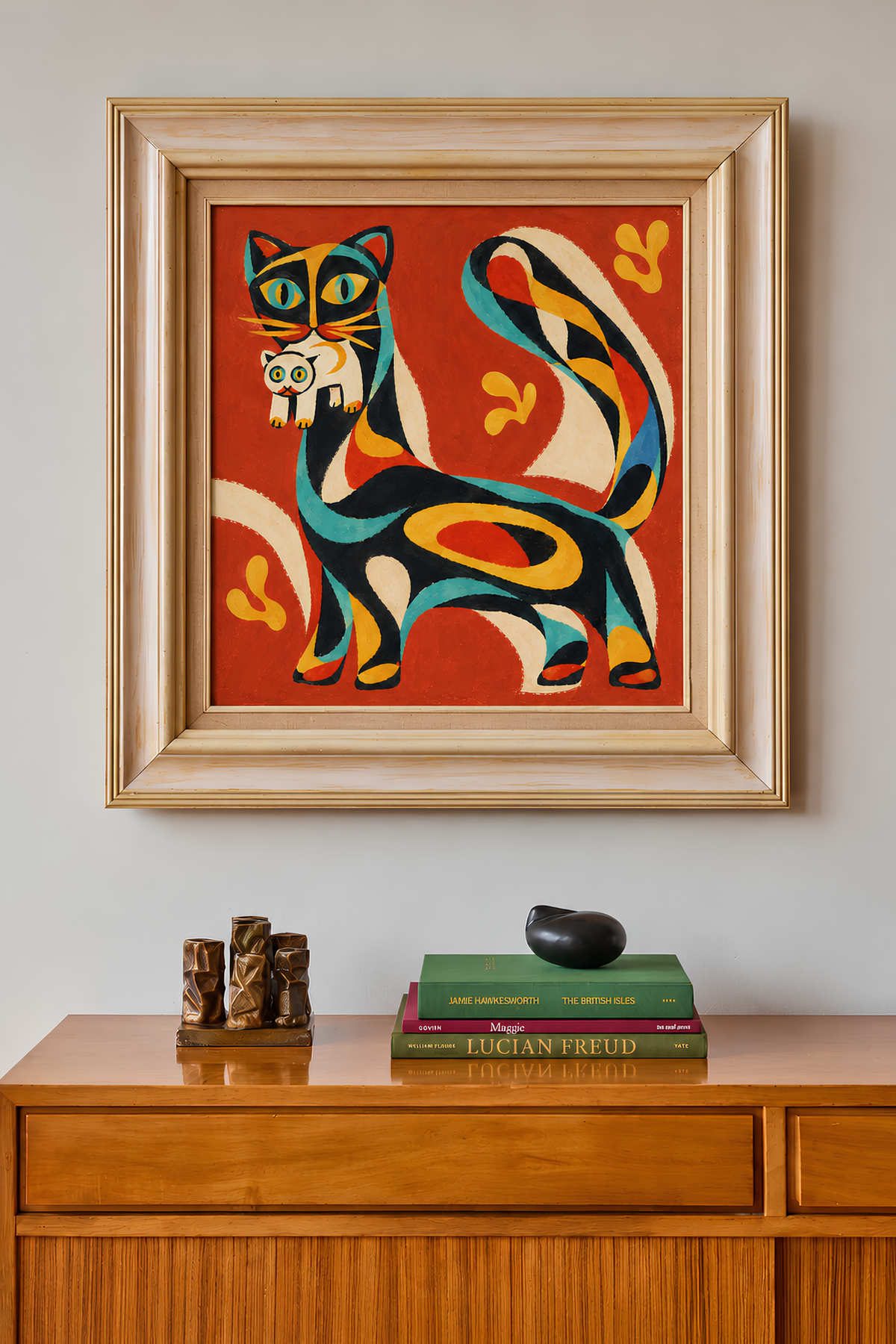 Framed cat-and-kitten painting on a wall above a wooden sideboard with books and small sculptures