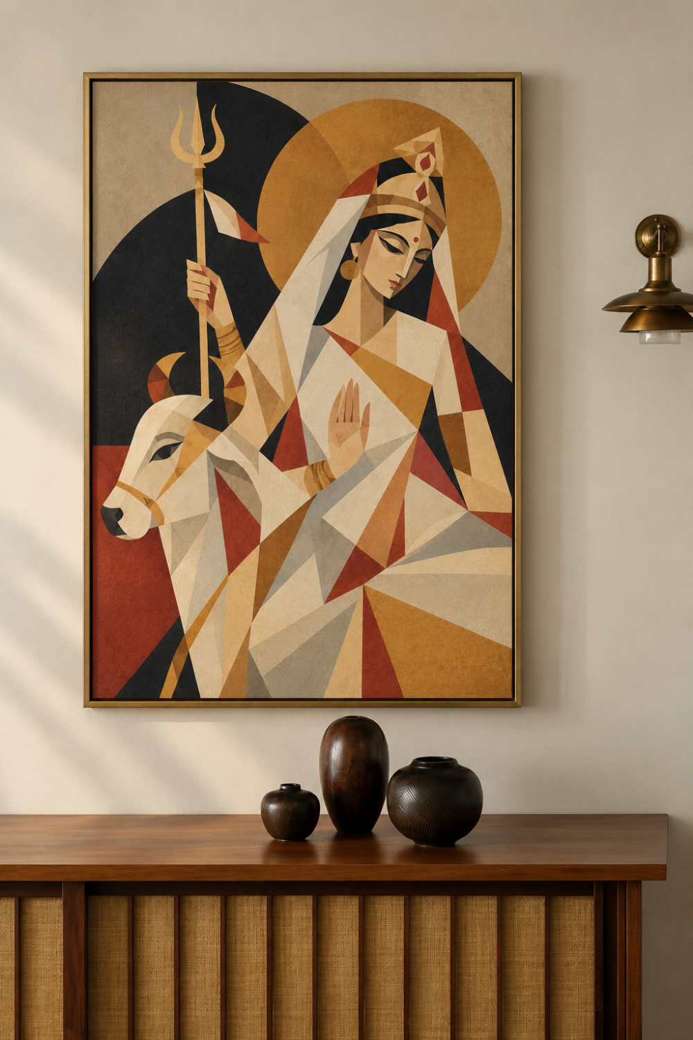 Cubist painting of Goddess Mahagauri framed on a white wall above a wooden sideboard with dark ceramic vases