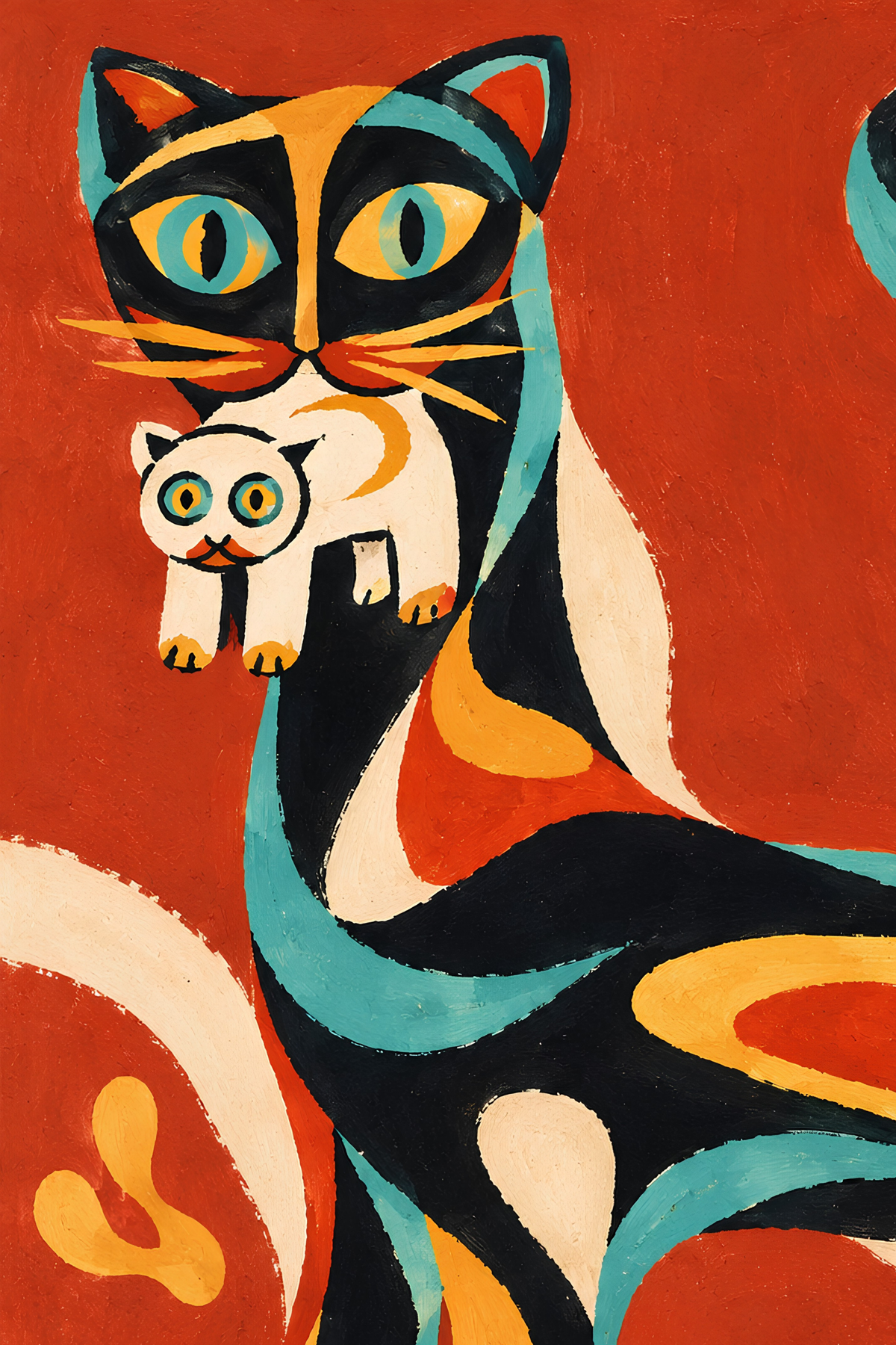 Close-up of the cat's green eyes, whiskers and the white kitten in the painting