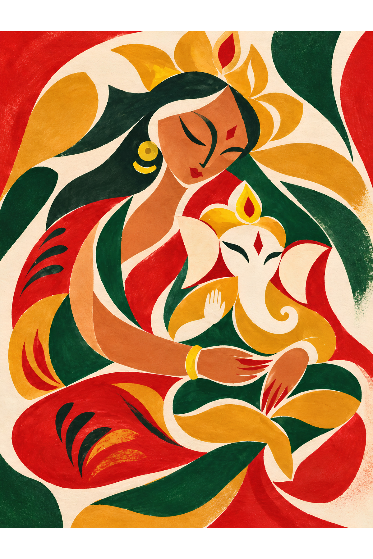 Handpainted Matisse-inspired painting of a woman cradling Ganesha among swirling red, green and gold leaf shapes