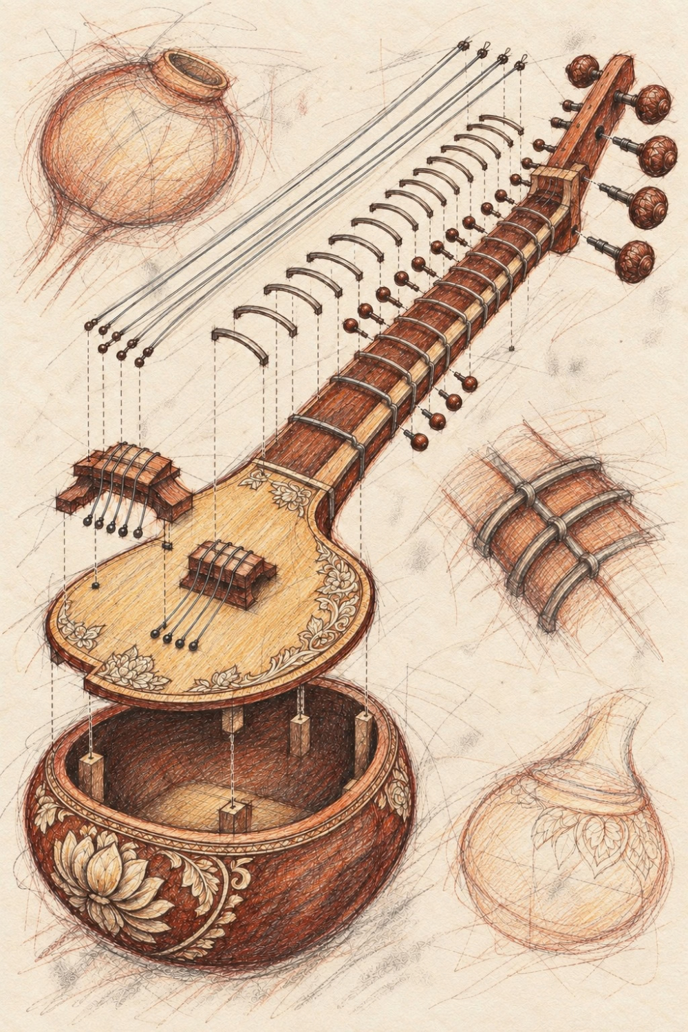 Classical instrument art print of an exploded sitar with lotus-carved gourd, floral lid, arched frets and tuning knobs on cream