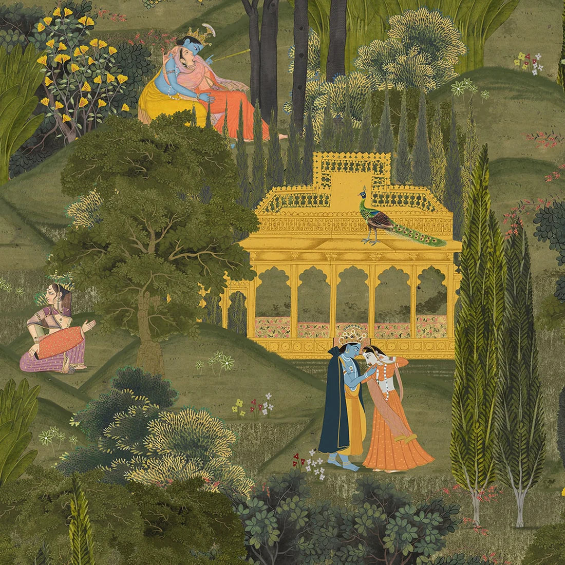 Kanhaiya: "Radha and Krishna's Golden Embrace" Wallpaper