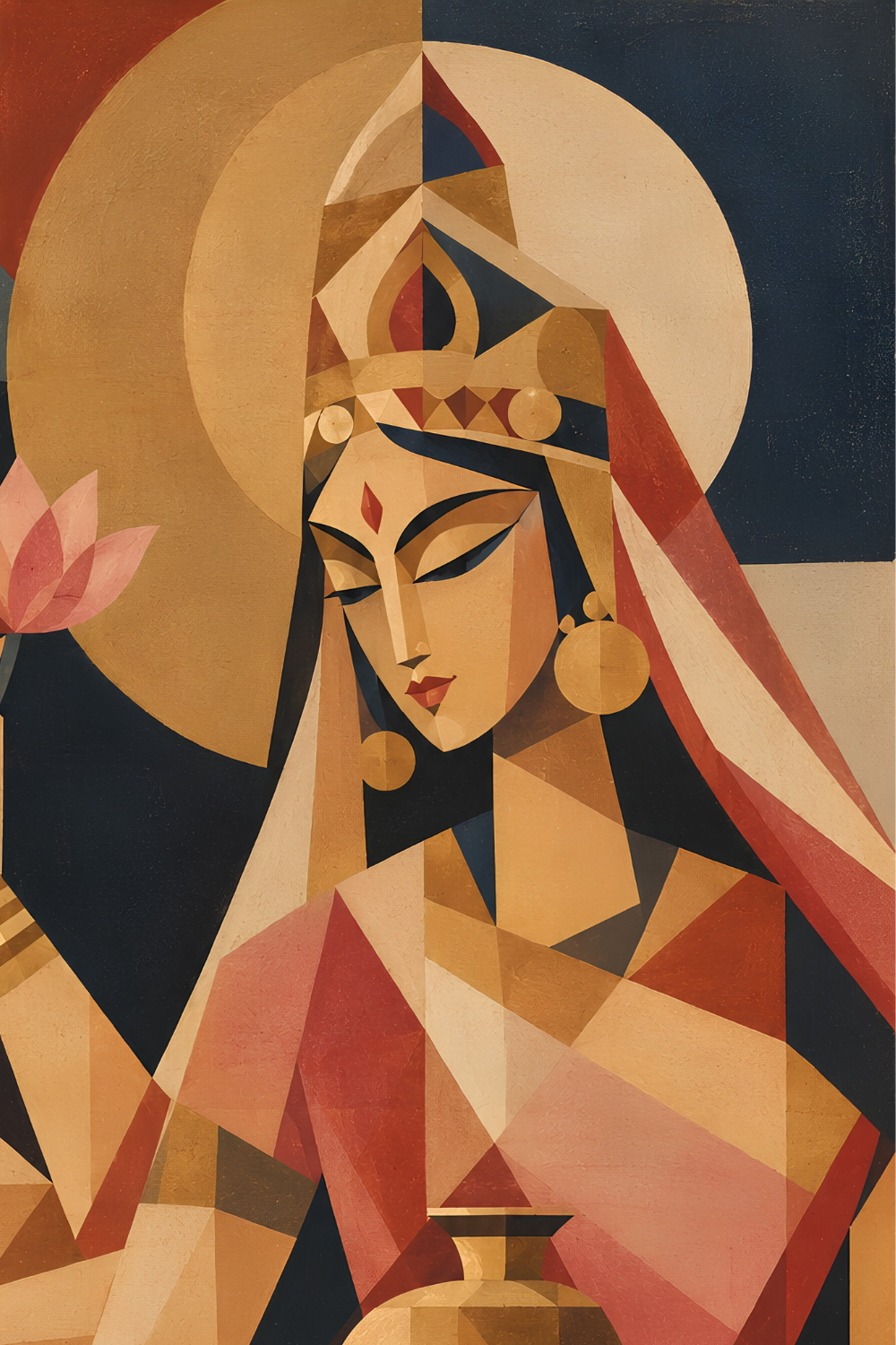 Close-up detail of Goddess Kushmanda in the Cubist Navadurga painting, showing the faceted colour planes