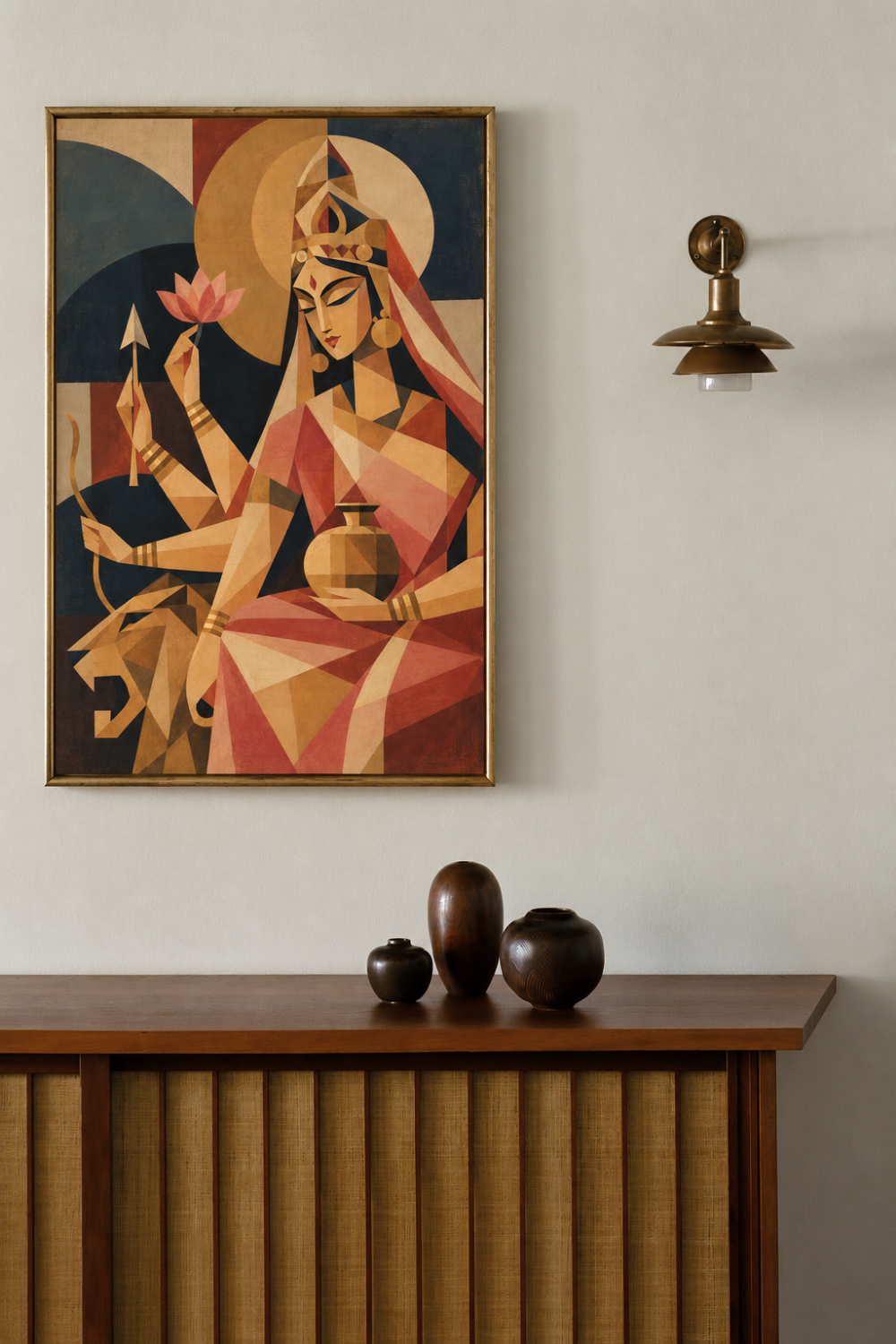 Cubist painting of Goddess Kushmanda framed on a white wall above a wooden sideboard with dark ceramic vases