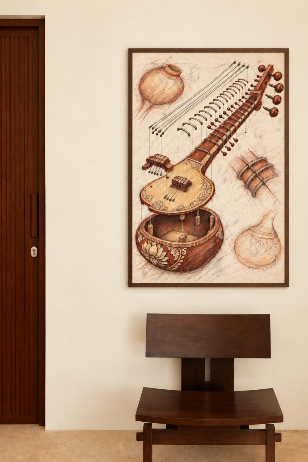 Close-up of the sitar print showing the lotus-carved gourd, the floral lid with bridge and the strings