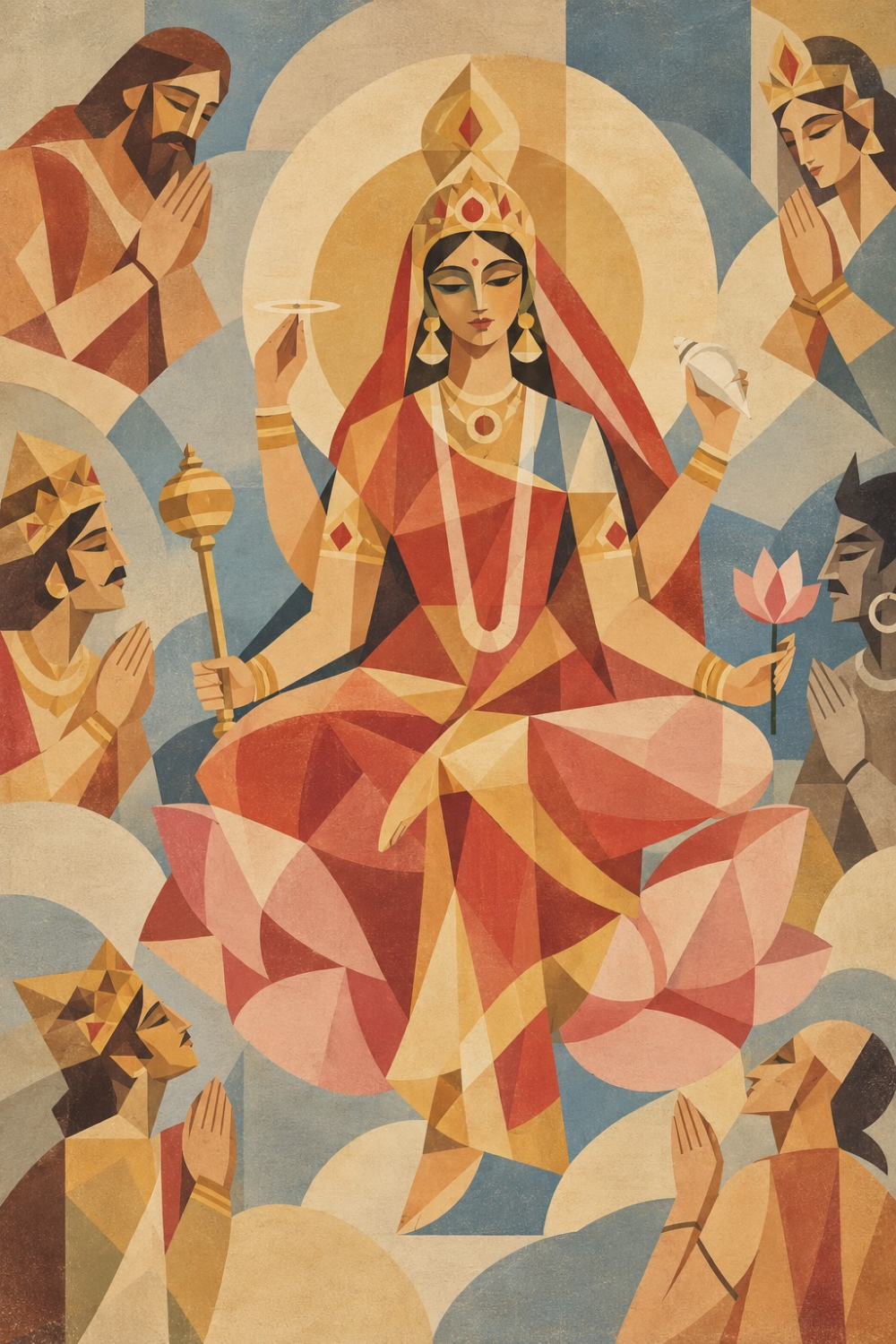 Cubist Navadurga painting of Goddess Siddhidatri on a pink lotus with discus, conch and mace, encircled by worshippers
