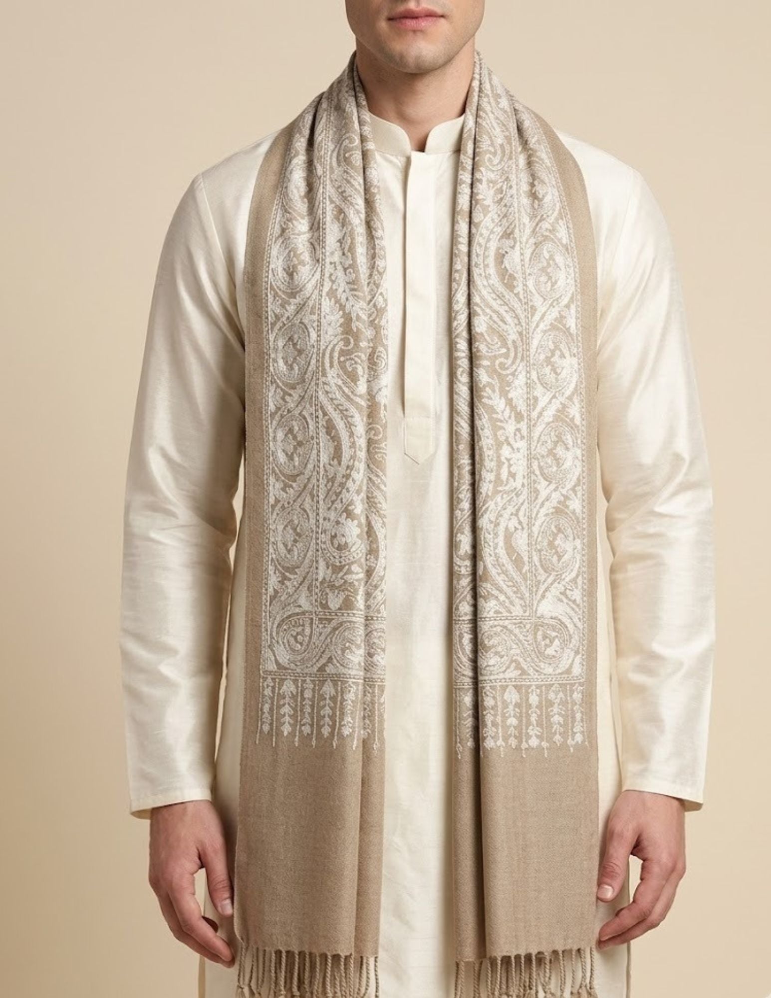 Ivory wool silk Sozni stole — front view showing embroidery across the ground.