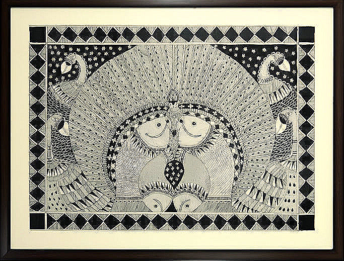 Harmony of Grace & Abundance: Peacock & Fish Mandala - Madhubani Painting