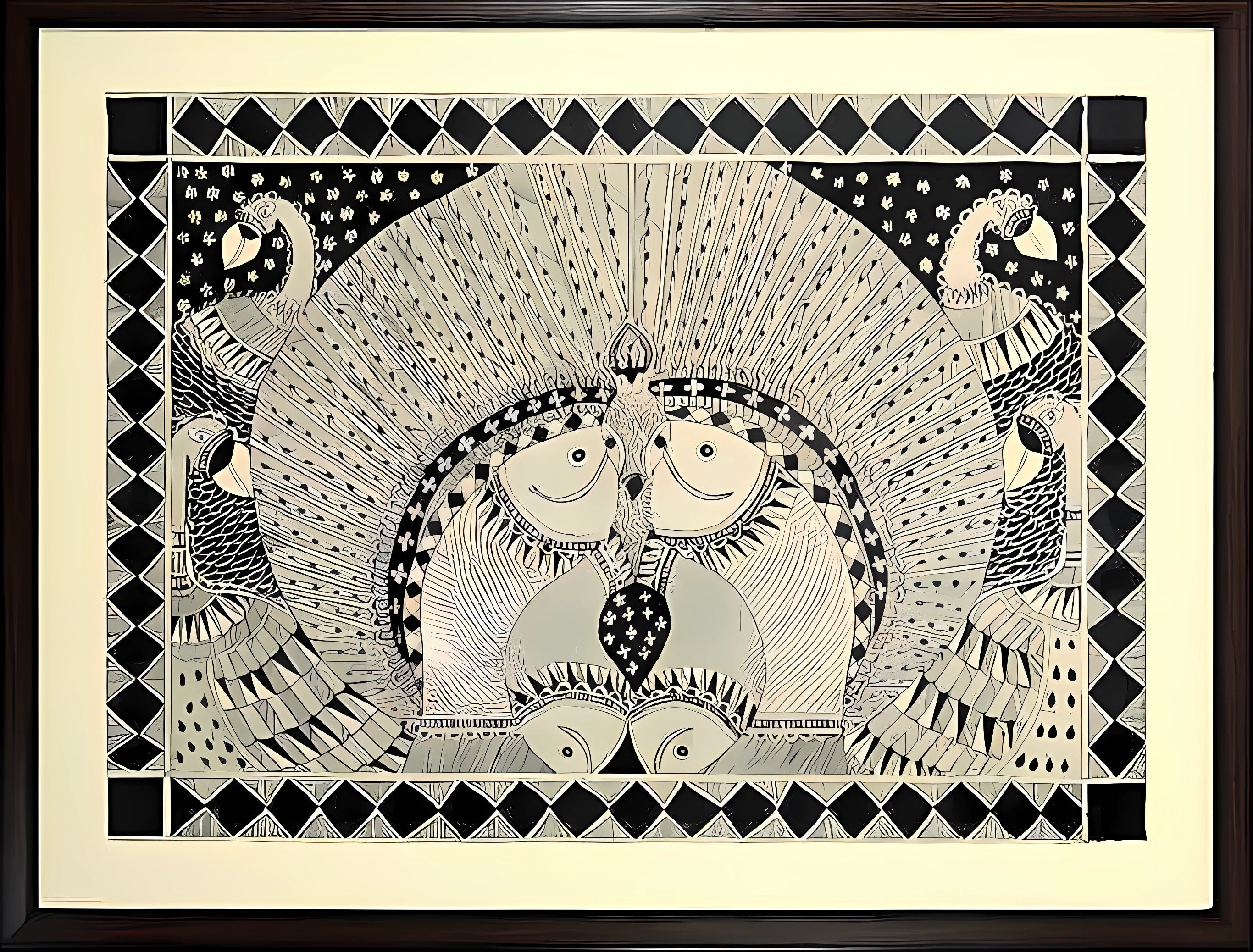 Harmony of Grace & Abundance: Peacock & Fish Mandala - Madhubani Painting