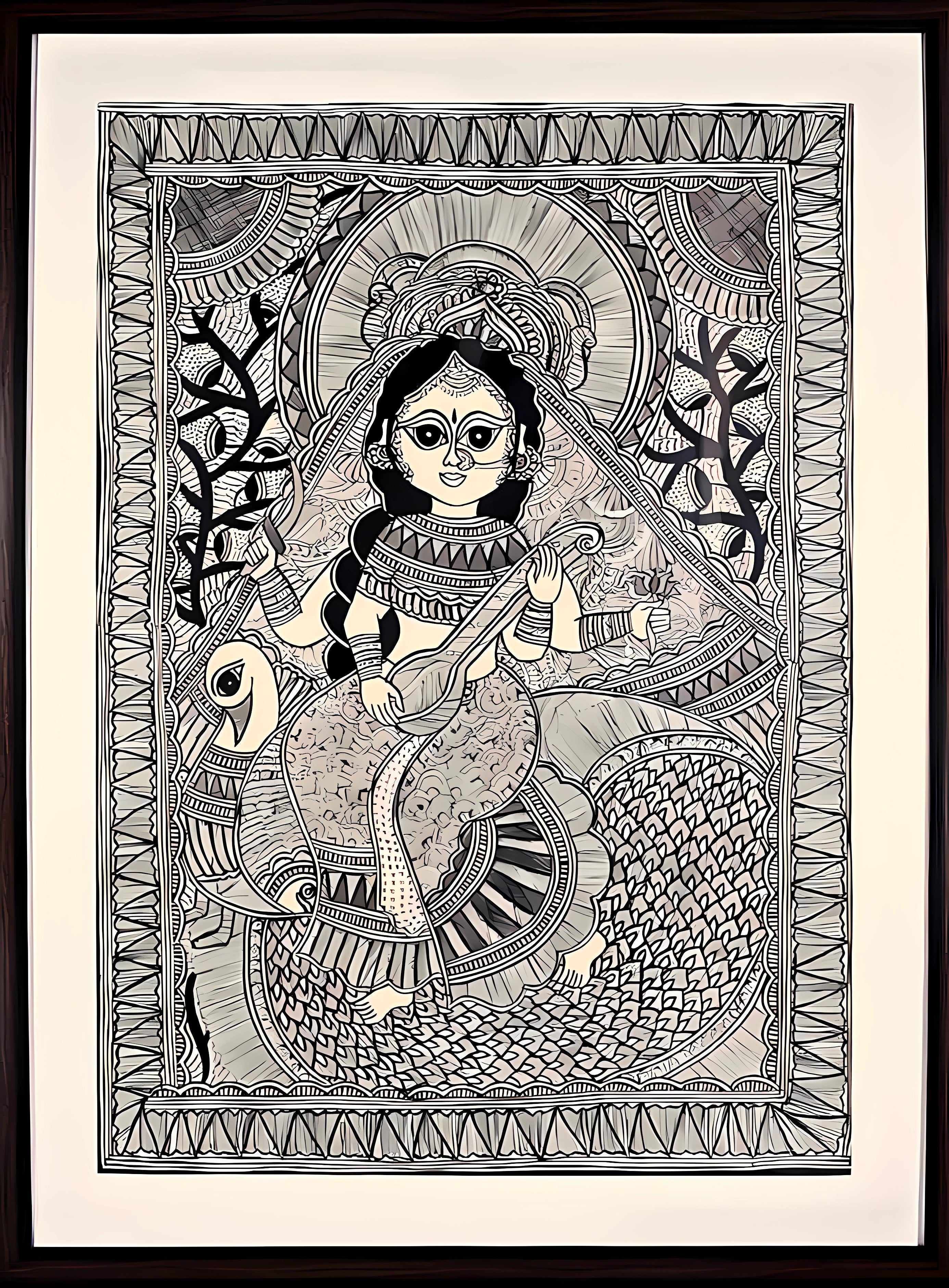 Saraswati in Kachni Style – Madhubani Painting