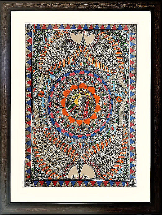 Fertility & Flow: Women with Four Fishes - Madhubani Painting