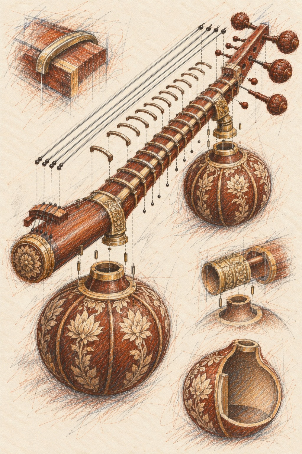 Classical instrument art print of an exploded tanpura with carved gourds, strings, brass collars and detail studies on cream