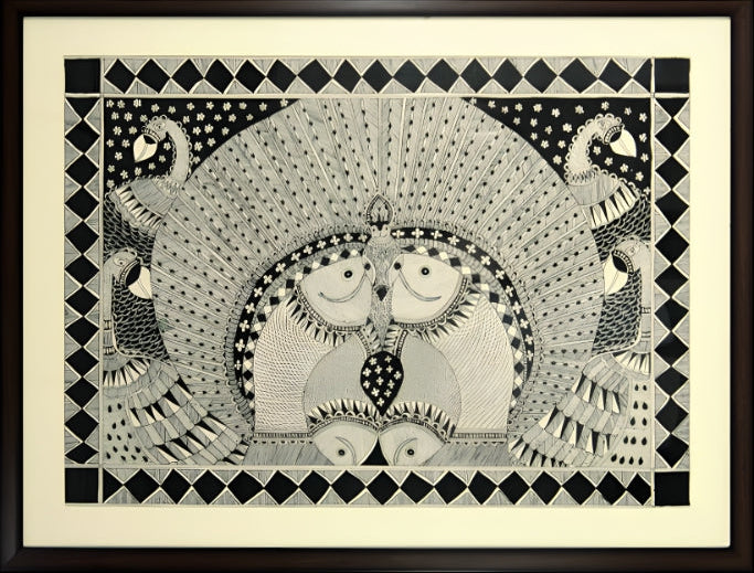 Harmony of Grace & Abundance: Peacock & Fish Mandala - Madhubani Painting