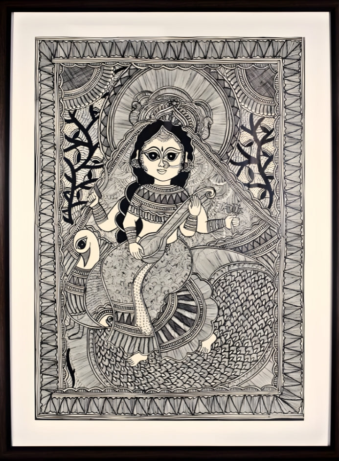 Saraswati in Kachni Style – Madhubani Painting
