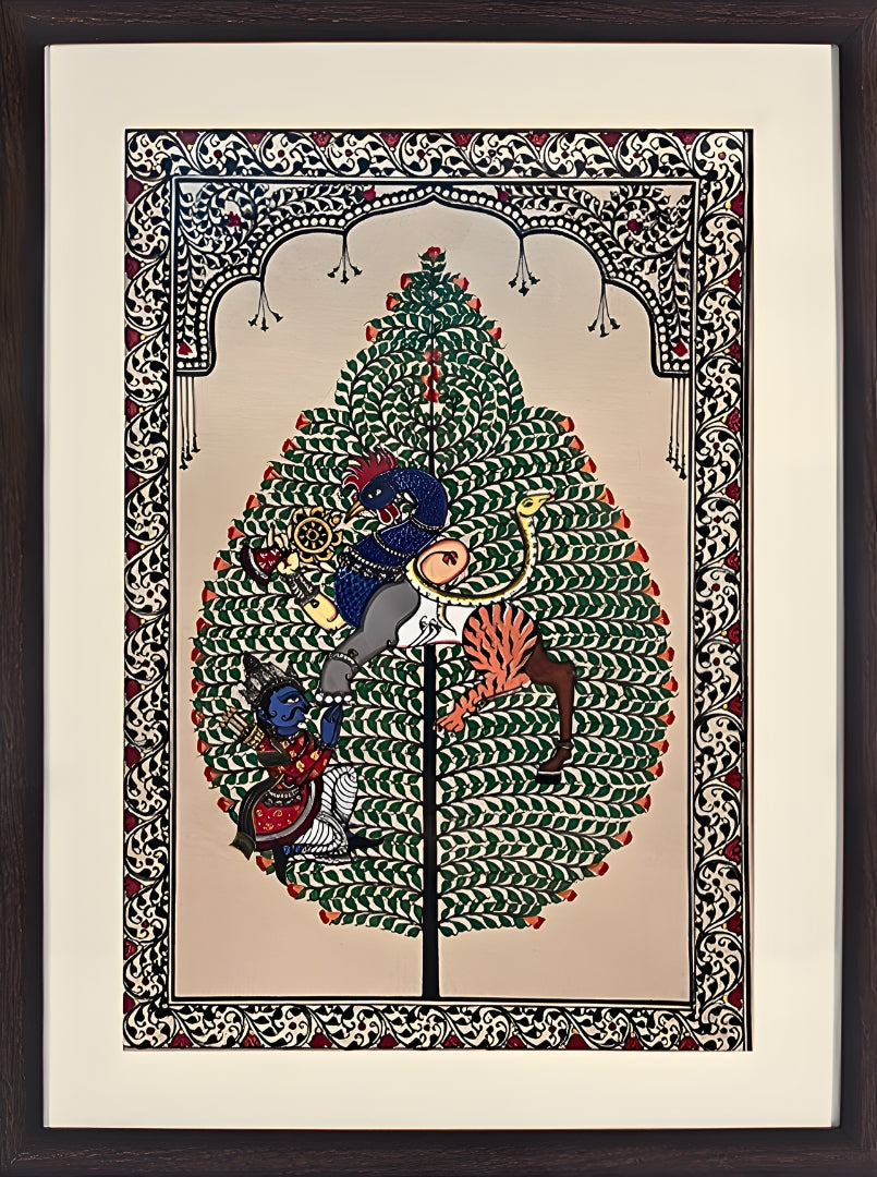 Divine Synthesis: Nabagunjara Tree of Life – Orissa Pattachitra Painting