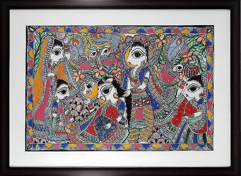 Divine Rasa: Krishna with Gopikas - Madhubani Painting