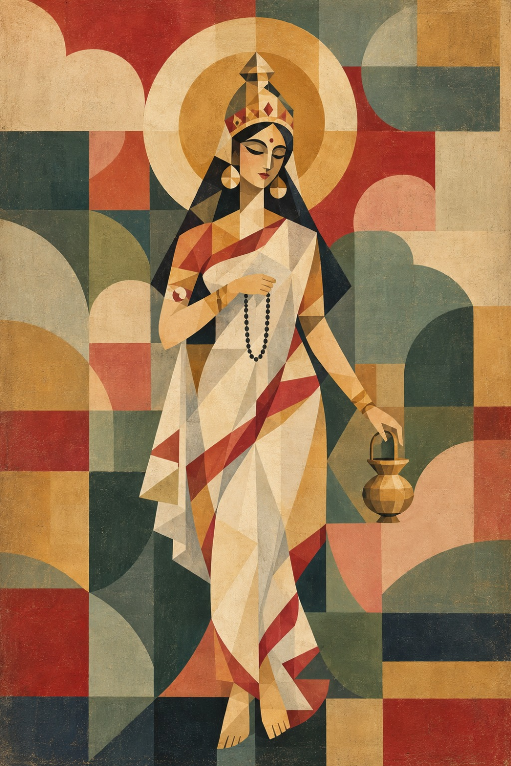 Cubist Navadurga painting of Goddess Brahmacharini standing with prayer beads and a water vessel in ivory, red and sage