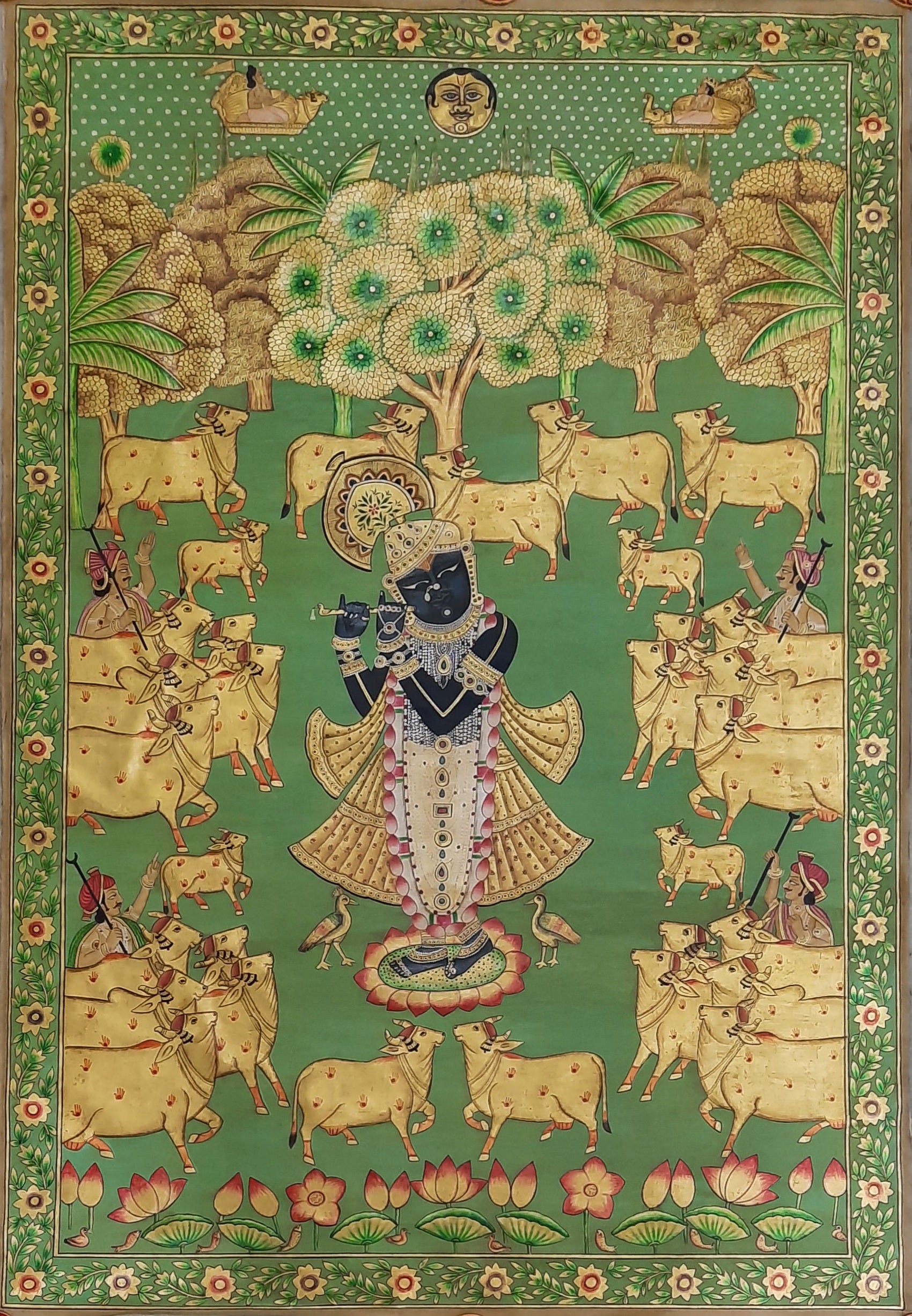 'Pichwai' Painting of Lord 'Shrinathji' with Golden Cows