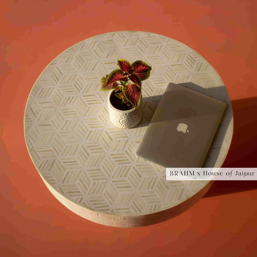 Bone Inlay Coffee Table White Geometric Design