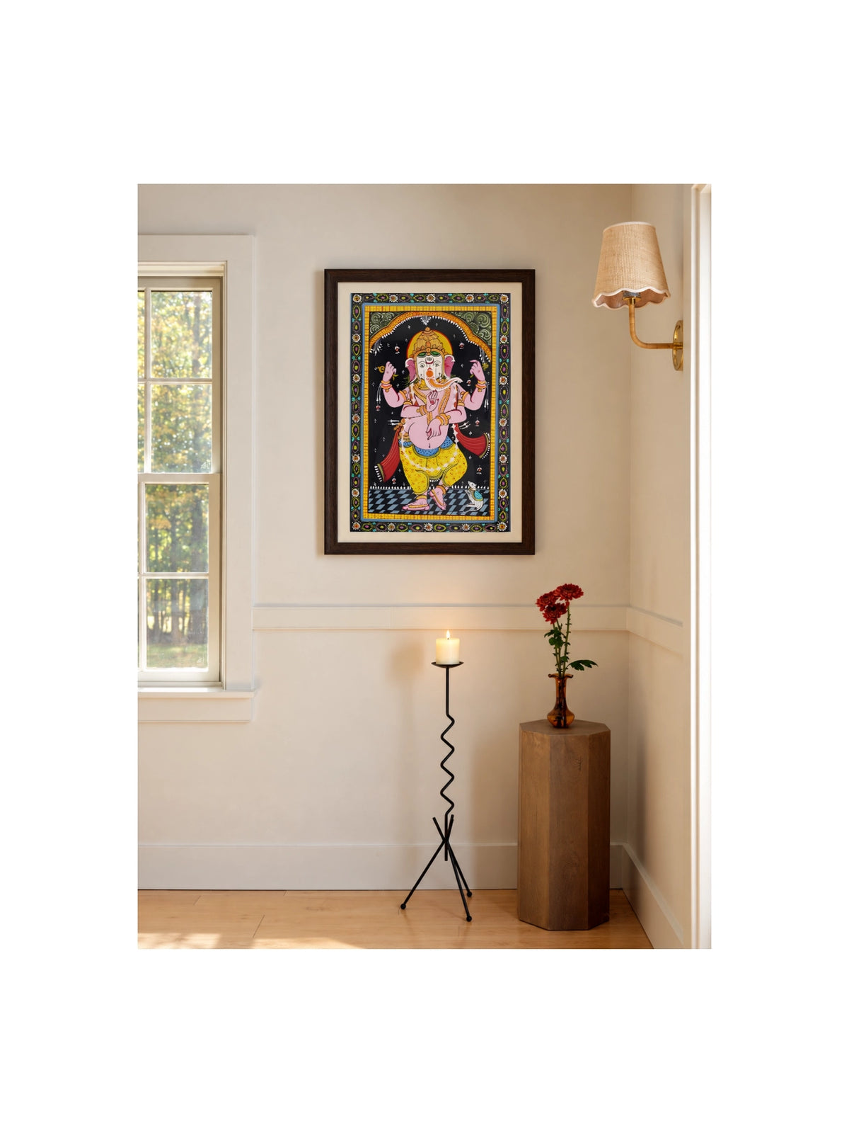 Handpainted – Pattachitra – Dancing Ganesha in Rose and Saffron