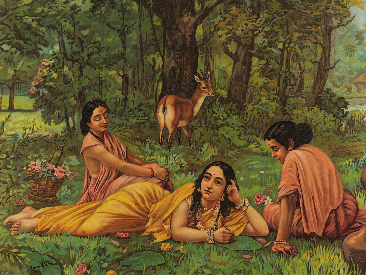 Print of Shakuntala reclining on grass in a yellow sari, two companions and a deer in a forest