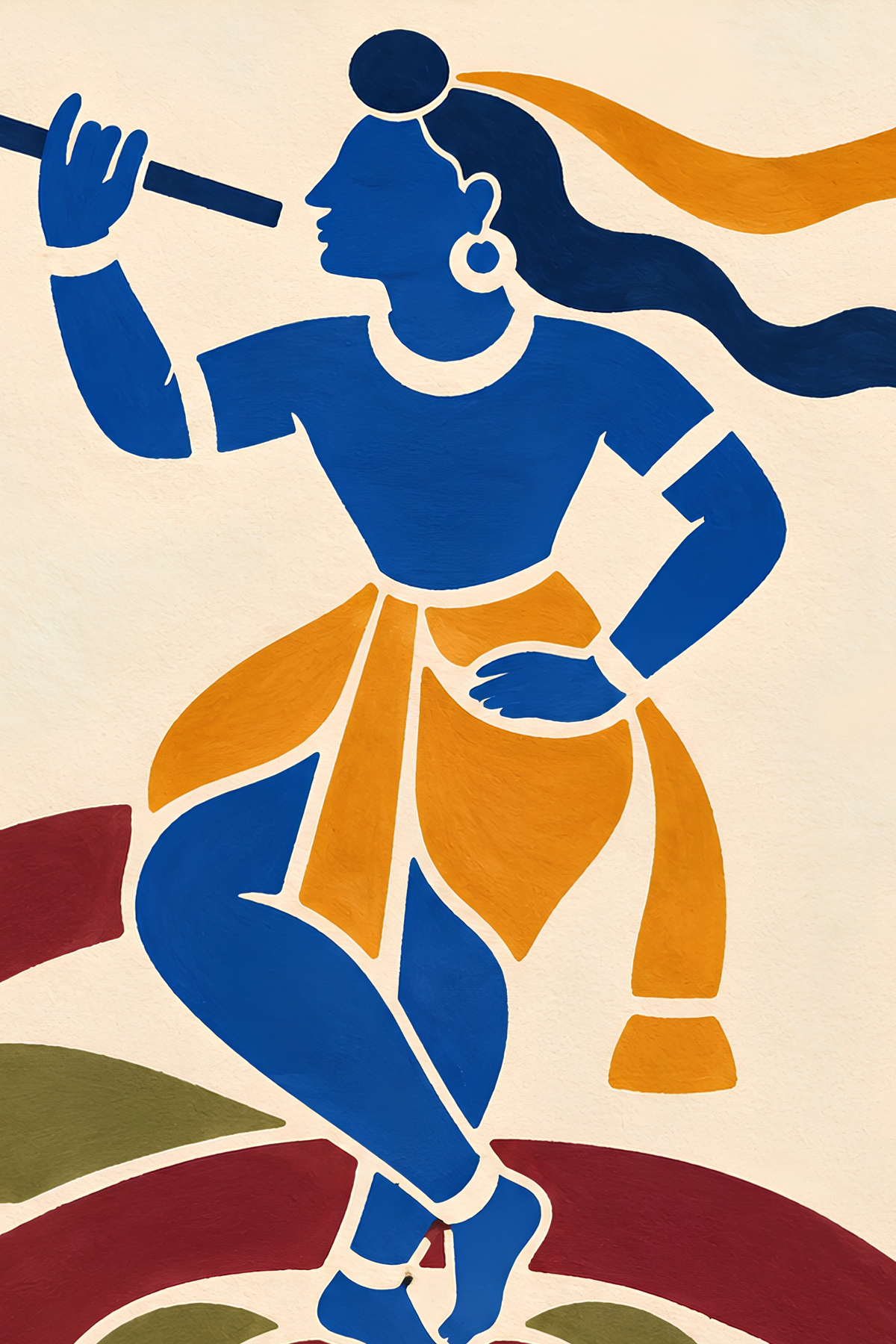 Close-up of the blue Krishna figure with flute, orange scarf and long flowing hair in the painting