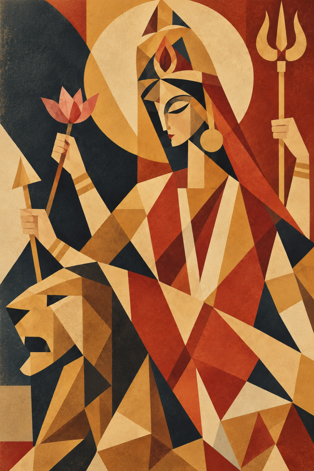 Cubist Navadurga painting of Goddess Chandraghanta with her lion, lotus, arrow and trident in deep red, ochre and black