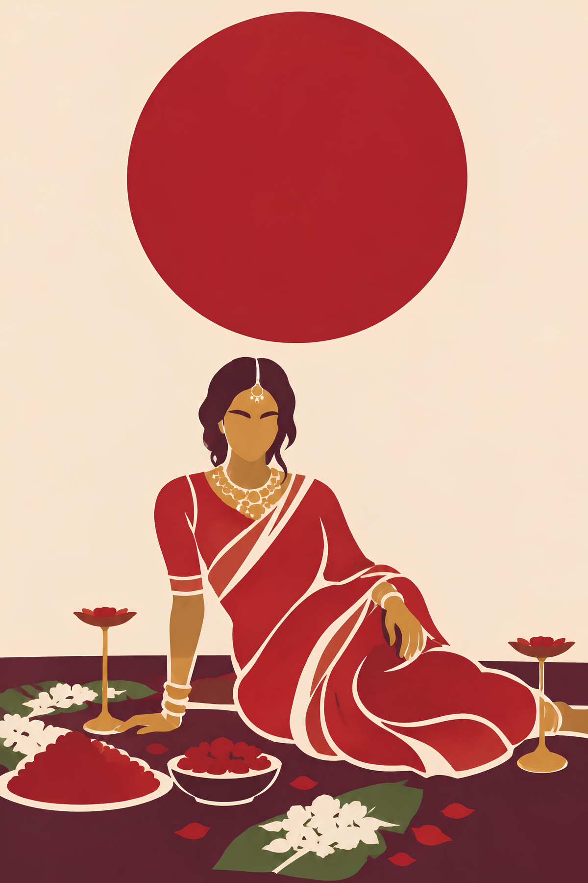 Handpainted Matisse-inspired painting of a seated woman in a red sari beneath a large red disc, with lotus flowers, on a cream ground