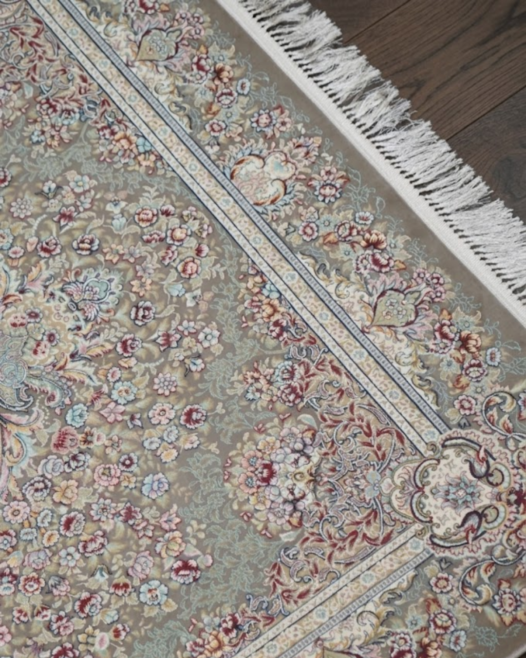 Sabzeh Silk & Wool Blend Carpet – Sage Tabriz Floral Medallion