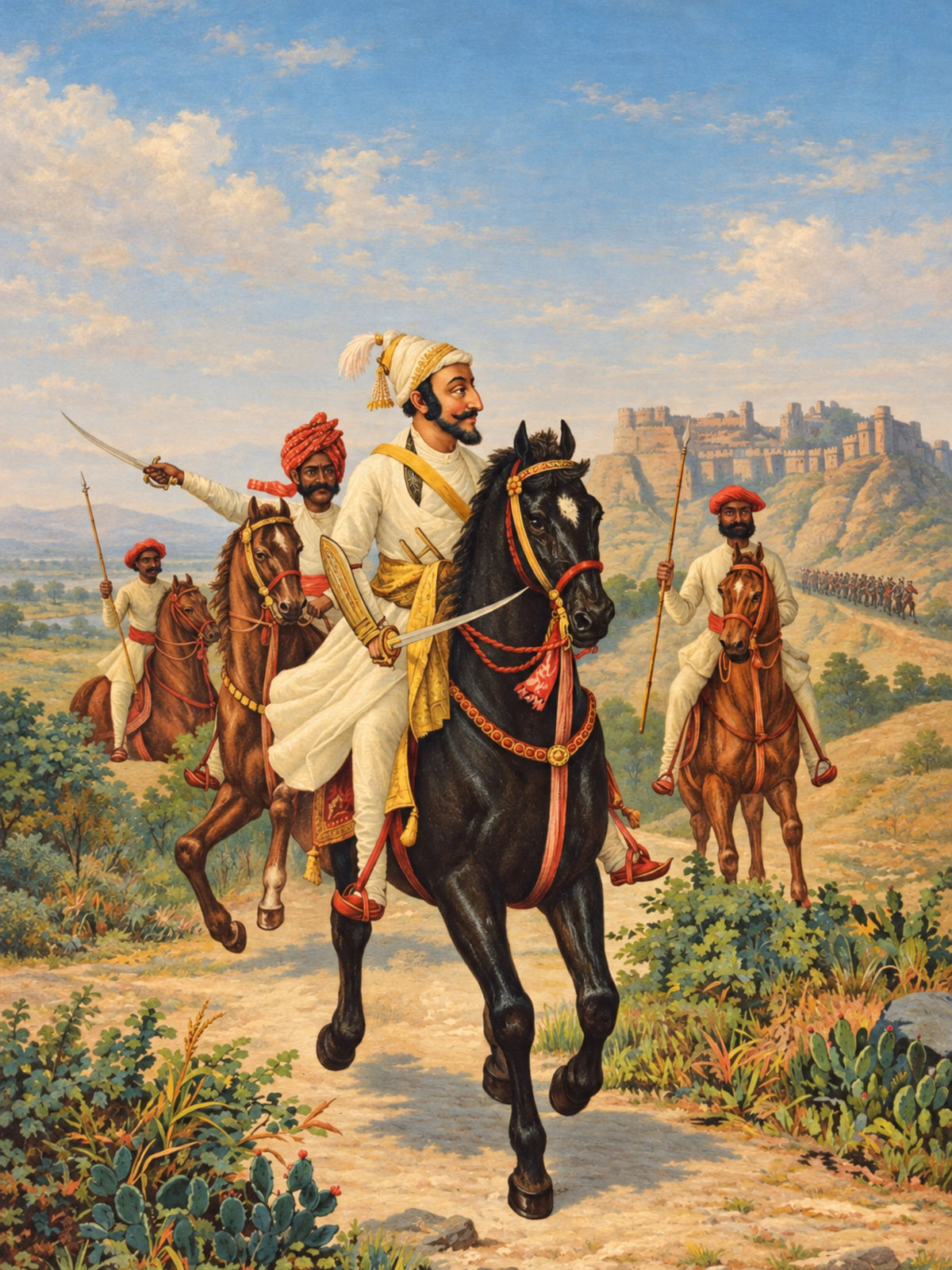 Shivaji Maharaj on a black horse with sword drawn, riders in red turbans and a hill fort behind