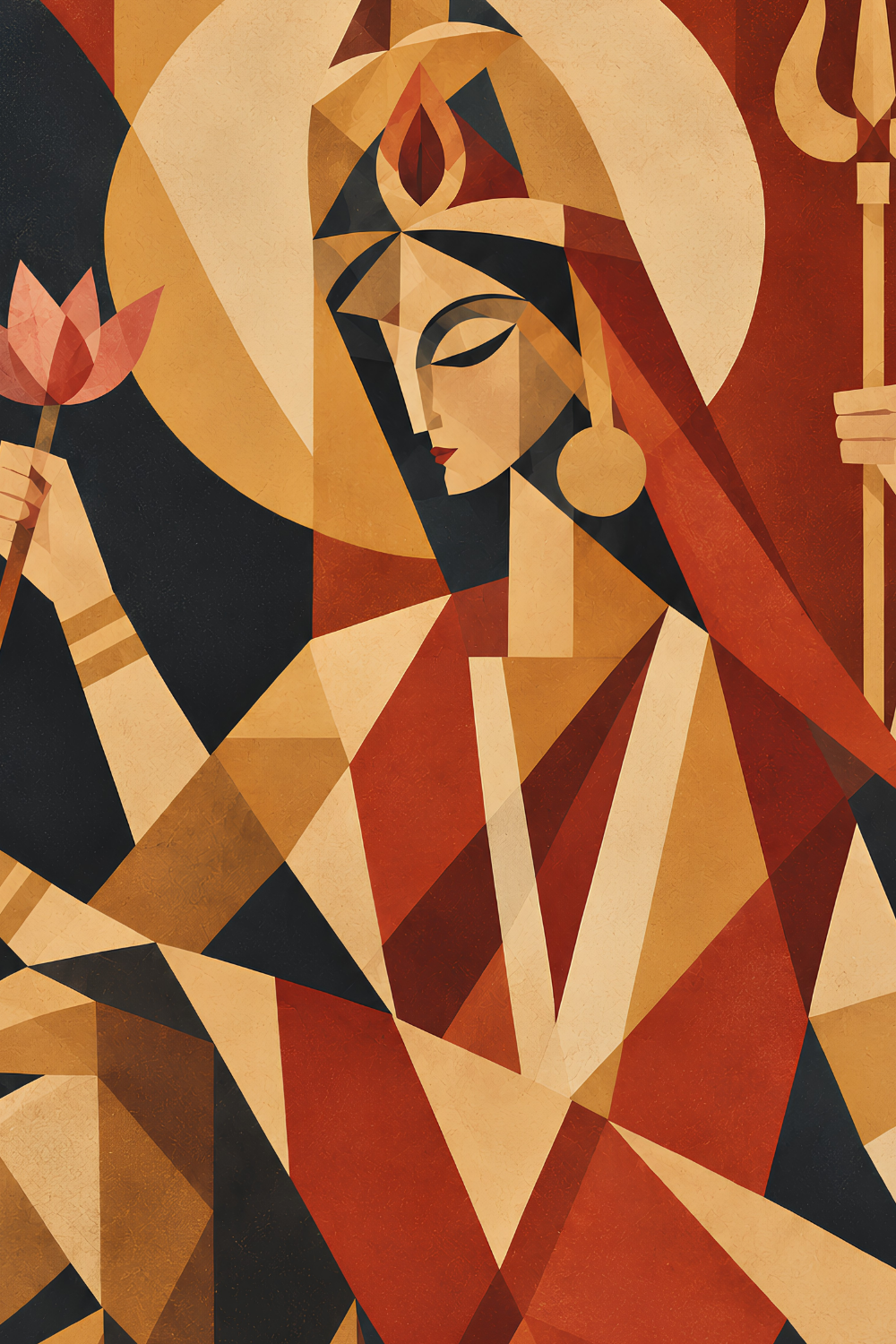 Close-up detail of Goddess Chandraghanta in the Cubist Navadurga painting, showing the faceted colour planes