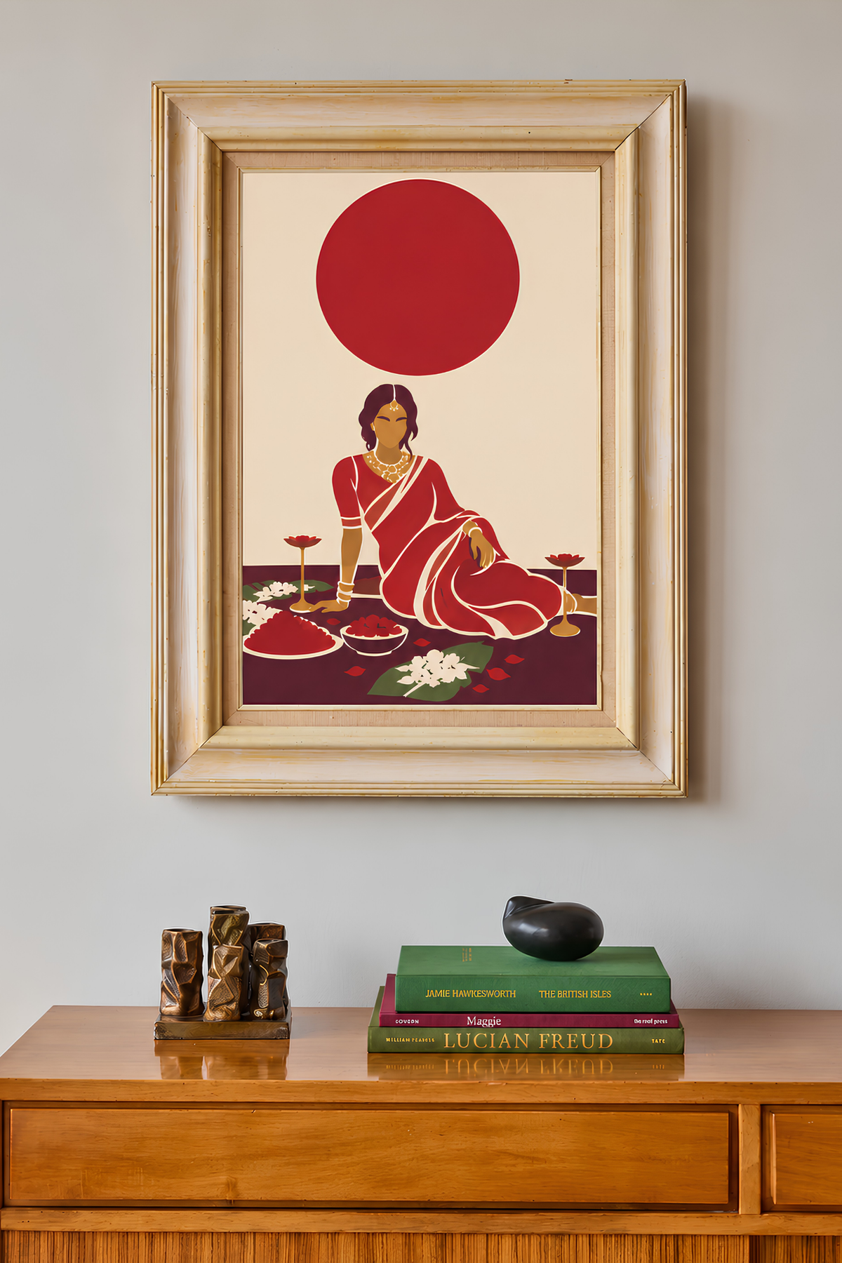 Framed seated-woman-and-red-disc painting on a wall above a wooden sideboard with books and small sculptures