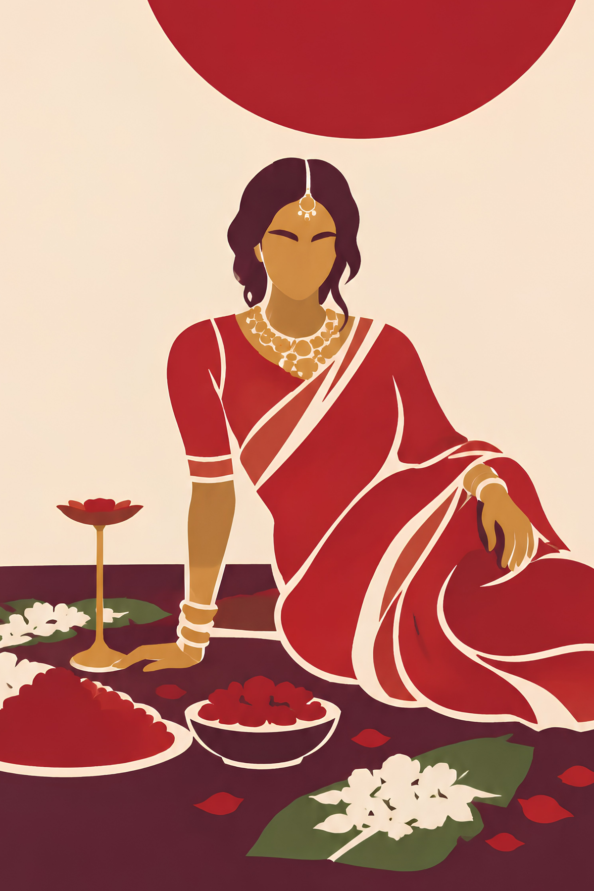 Close-up of the woman in a red sari reclining beside a lotus, with the red disc above in the painting