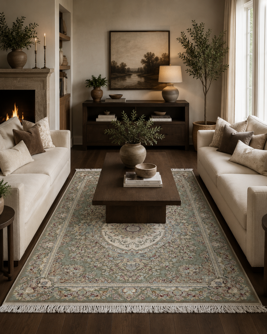 Sabzeh Silk & Wool Blend Carpet – Sage Tabriz Floral Medallion