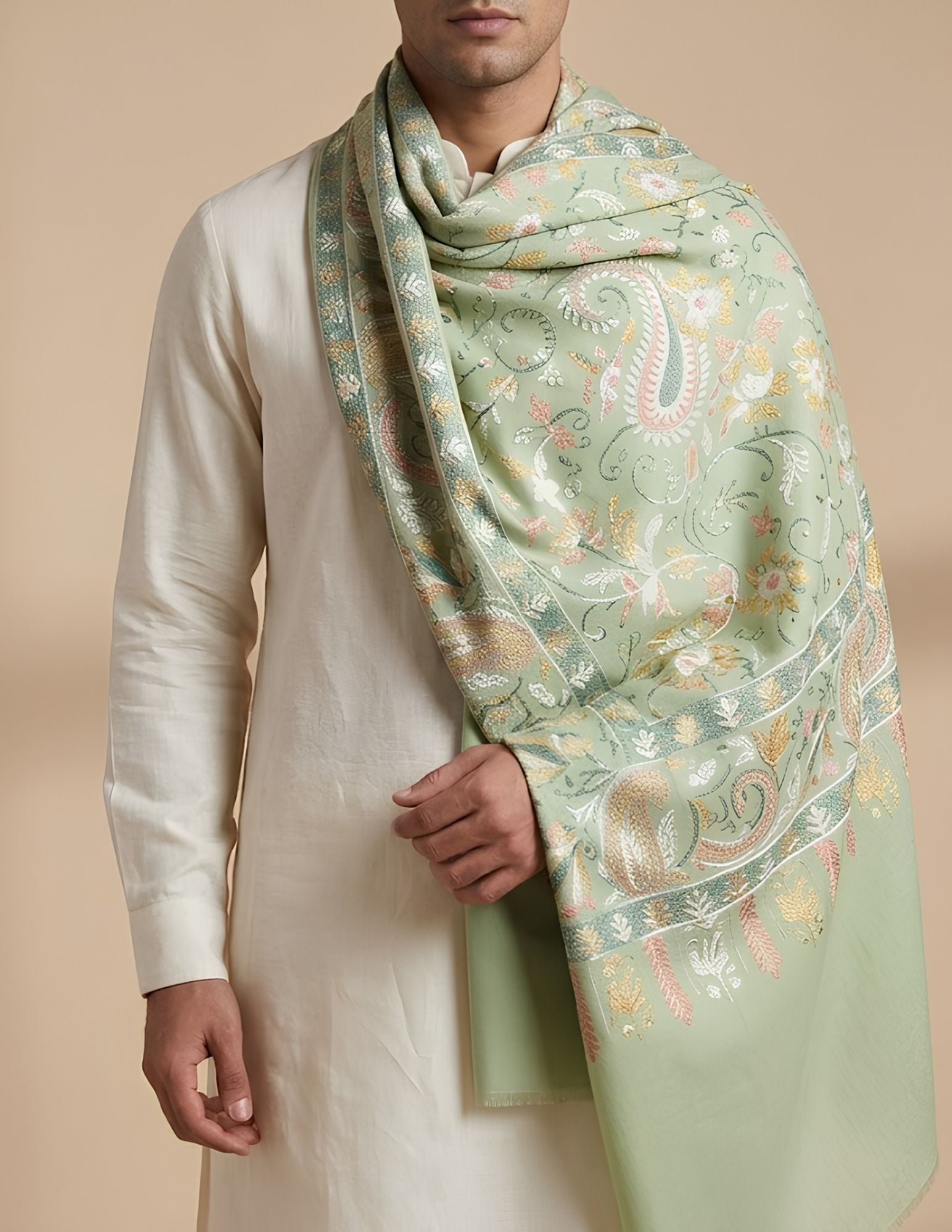 Sage green Sozni stole — full-length view showing botanical embroidered field.