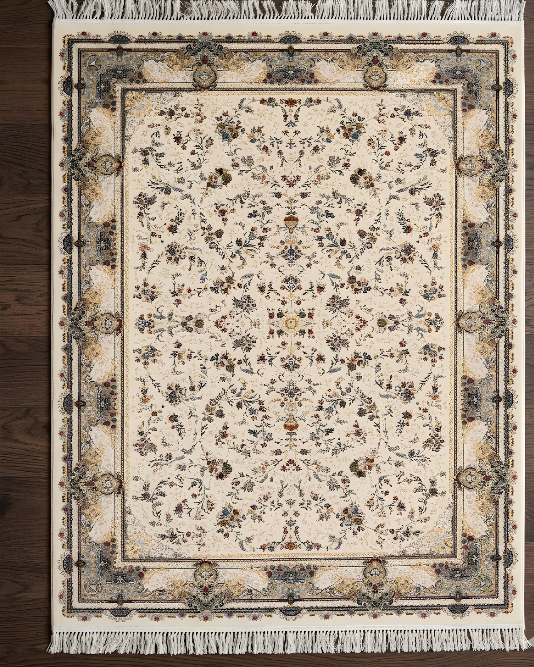 Rangin Silk & Wool Blend Carpet – Rose Teal Floral Allover