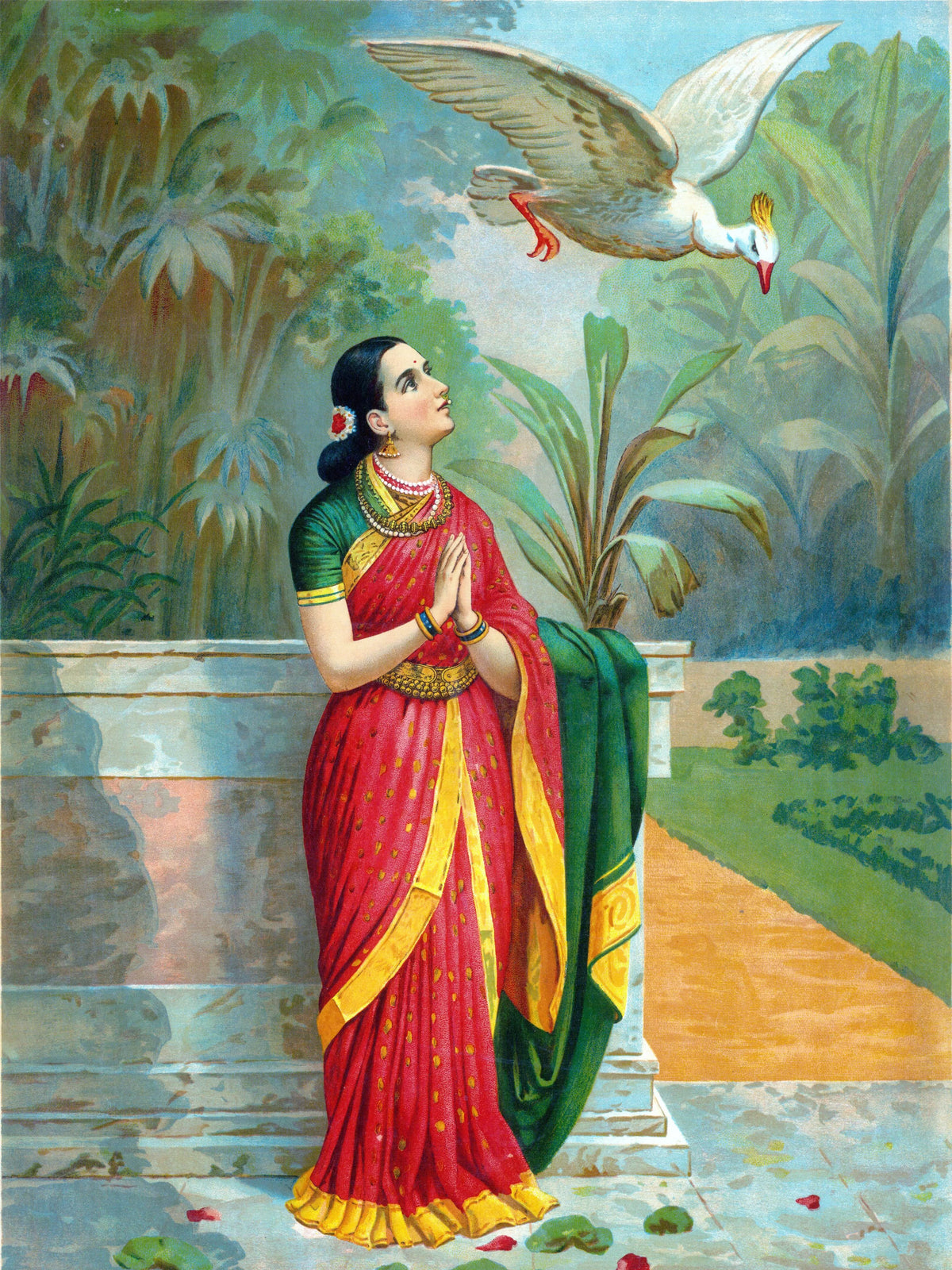Painting of a woman in a red and gold sari with joined hands looking up at a white swan above a garden