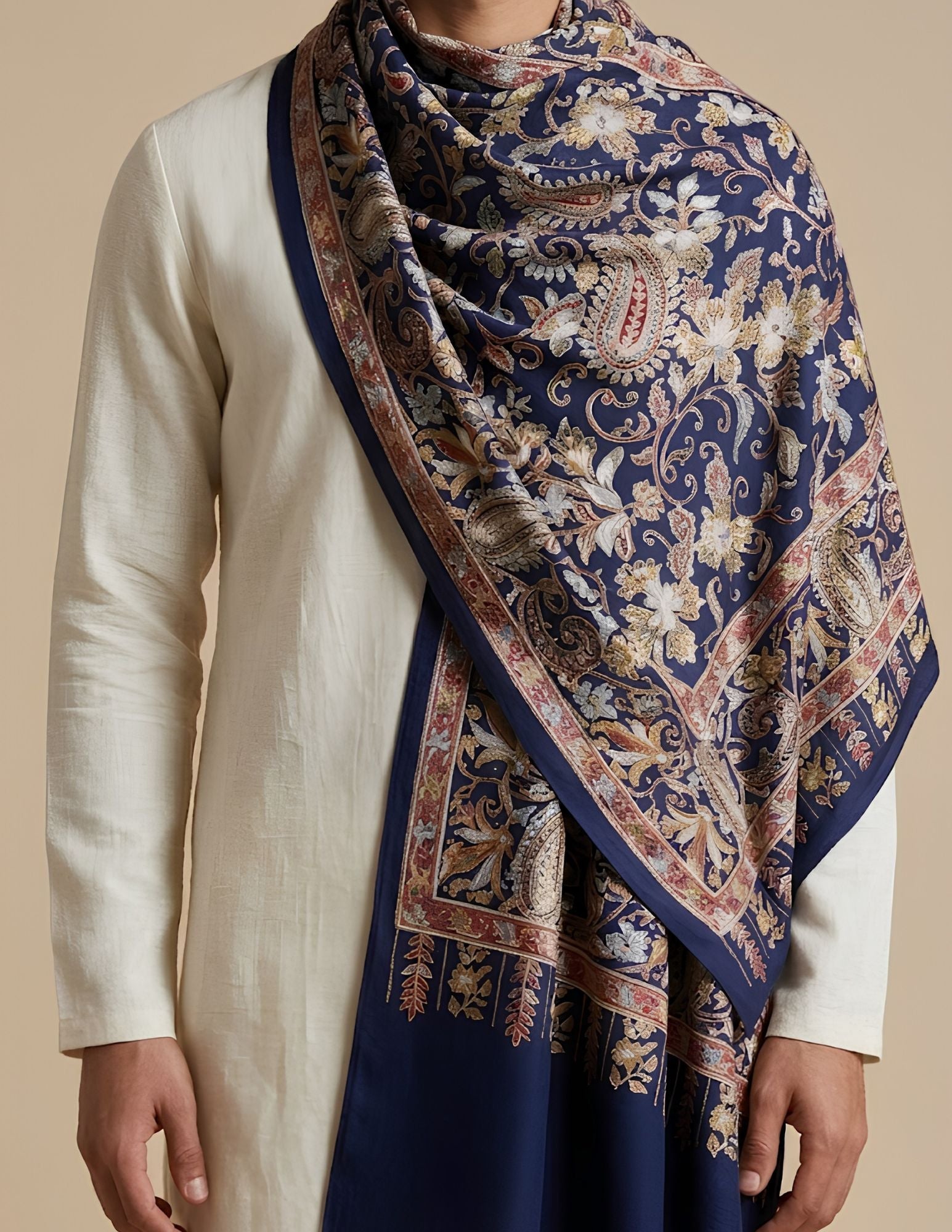 Navy micro modal Jamawar stole with all-over multicolour botanical paisley print.