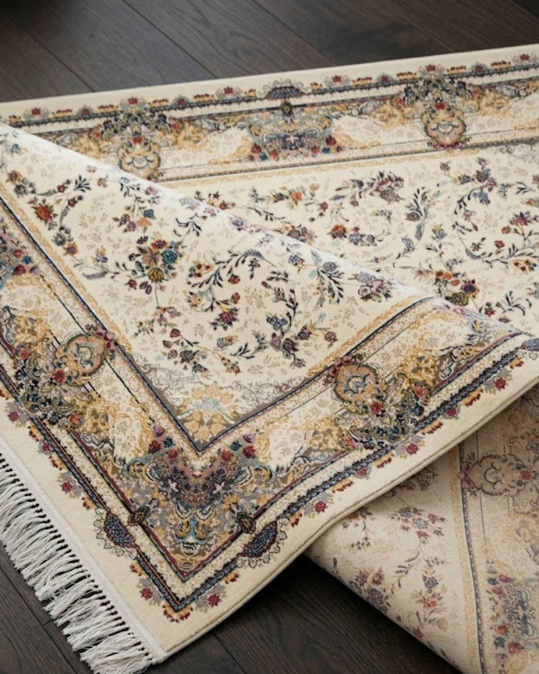 Rangin Silk & Wool Blend Carpet – Rose Teal Floral Allover