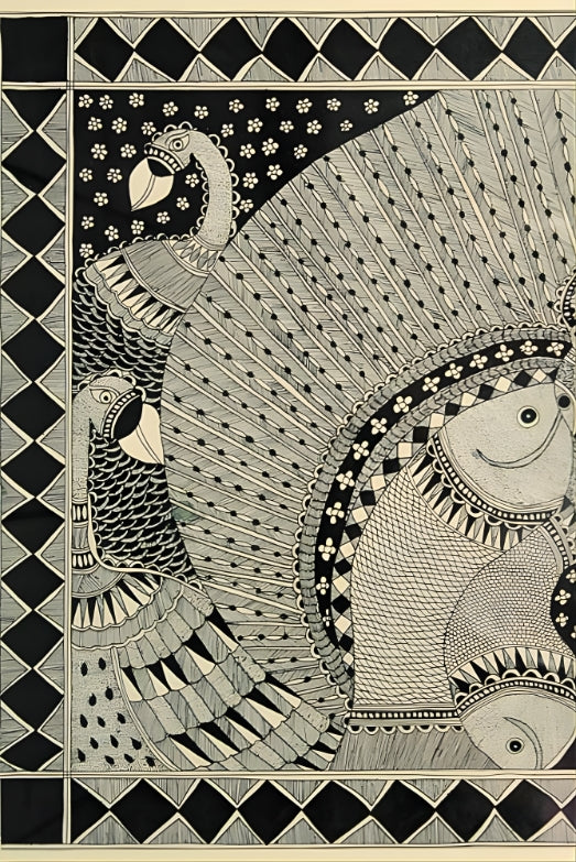 Harmony of Grace & Abundance: Peacock & Fish Mandala - Madhubani Painting