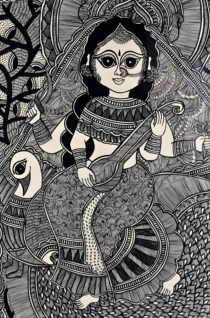 Saraswati in Kachni Style – Madhubani Painting