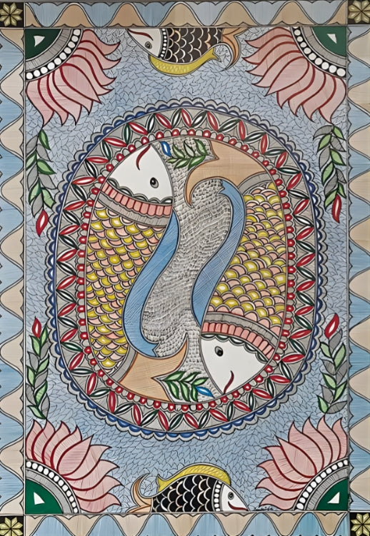 Echo of the River: Sacred Fish - Madhubani Painting